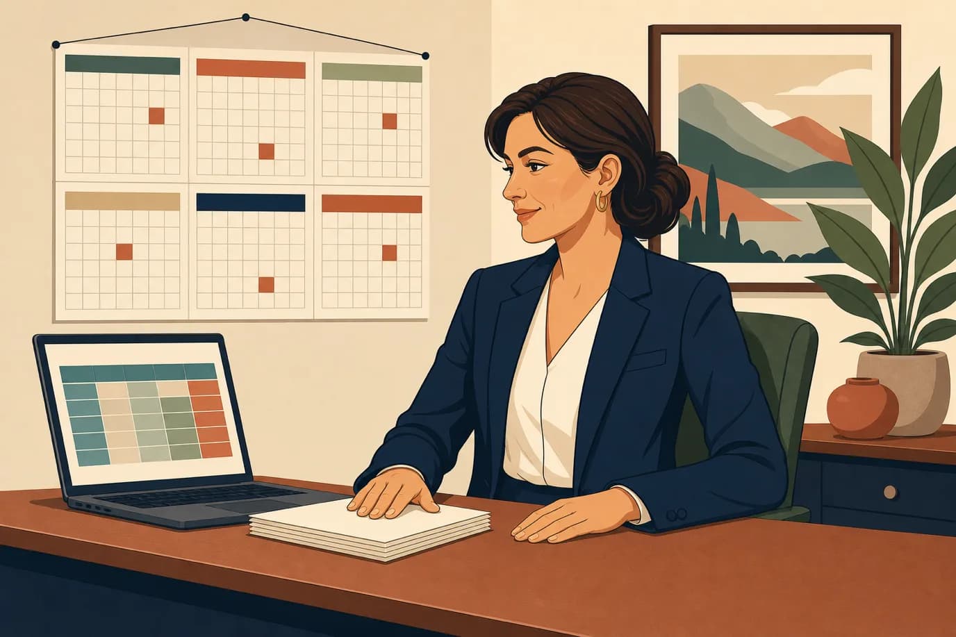 A cel-shaded editorial illustration in a warm palette of cream, taupe, sage, terracotta and deep navy with a teal accent: a hotel sales manager seated at a desk at eye level, one hand resting on a squared-up stack of corporate rate bid sheets, a laptop beside her showing a rate grid and a wall calendar behind marked across the autumn bidding months.
