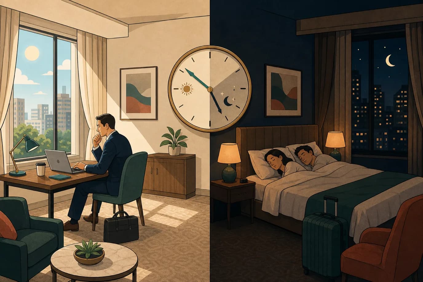 A cel-shaded editorial illustration in a warm palette of cream, taupe, sage, terracotta and deep navy with a teal accent: a split-scene hotel room shown at midday and at night, daylight side with a business traveler working at a desk, night side with a couple asleep, a large clock face between the halves, conveying the same hotel room earning revenue twice in one day.