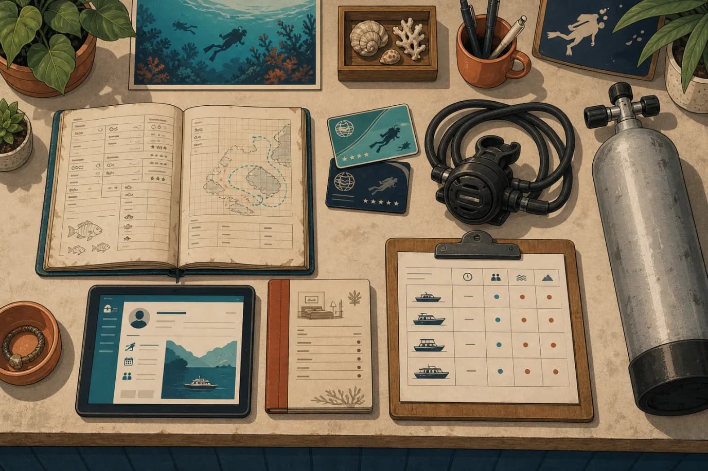 A cel-shaded editorial top-down flat-lay in a warm palette of cream, taupe, sage, terracotta and deep navy with a teal ocean accent: a dive centre desk seen from above with a dive logbook, two stacked certification cards, a regulator and a 12-litre cylinder, a clipboard holding a boat trip schedule, and a tablet showing a guest booking with a room folio beside it, arranged neatly to suggest one organised system rather than scattered tools.