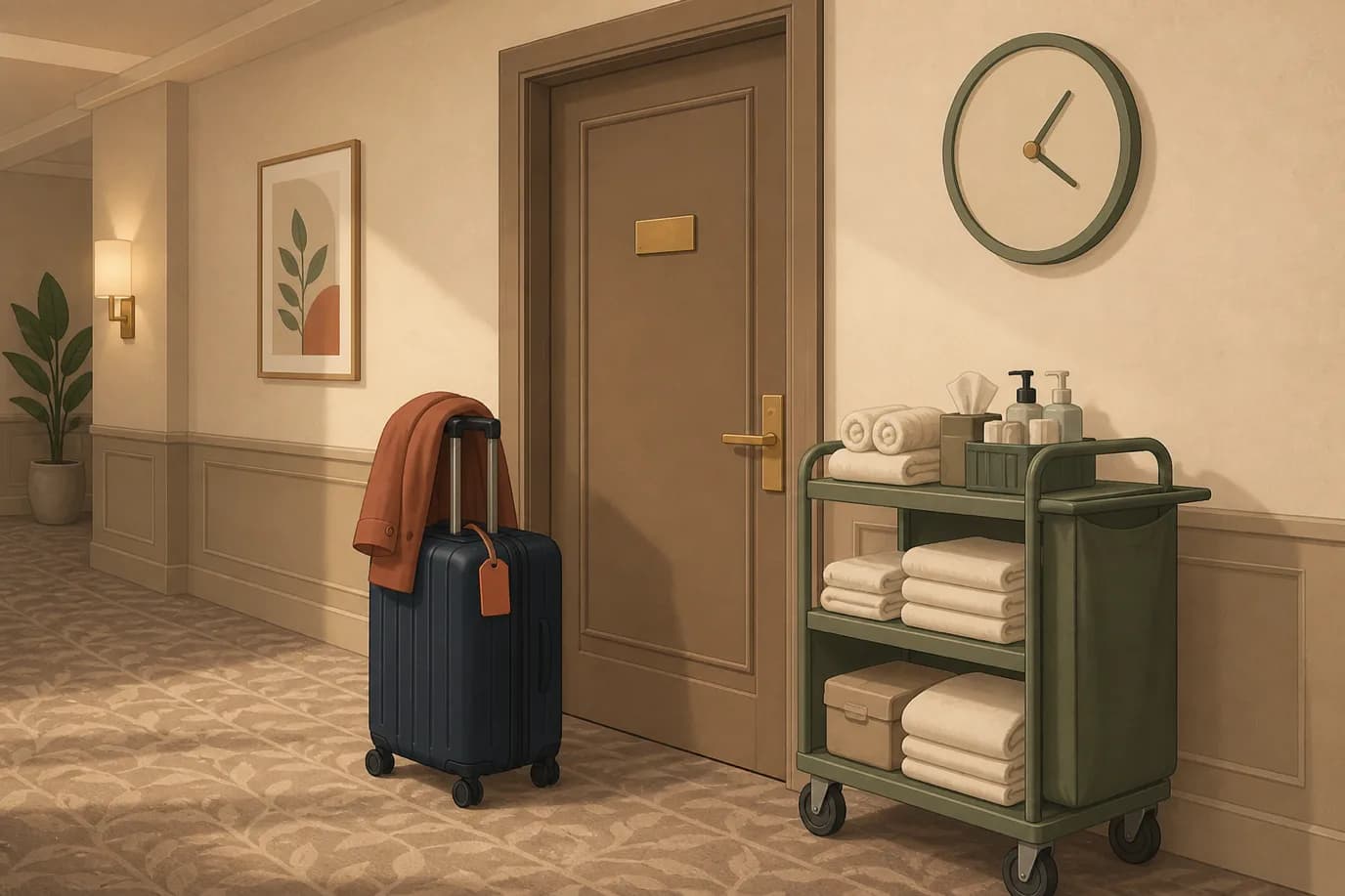 A soft flat vector editorial illustration in cream, warm taupe, sage, terracotta and deep navy showing a hotel corridor at eye level: a closed guest room door with a plain brass plate, a sage housekeeping trolley stacked with folded towels and linen standing beside it, a deep navy wheeled suitcase with a terracotta luggage tag and a folded coat waiting on the patterned carpet in front of the door, and a round wall clock above with its hands at a mid-morning angle.