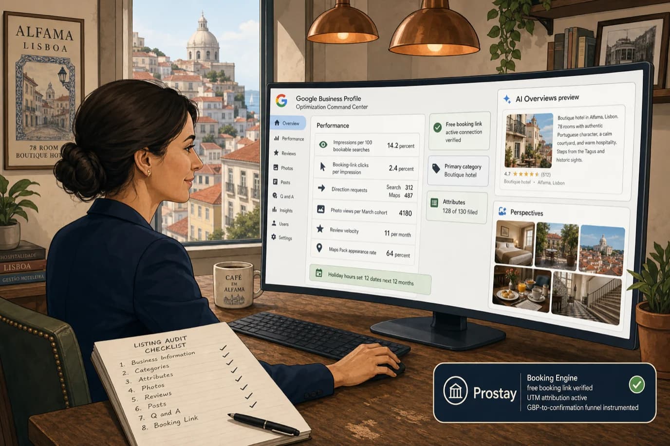 A cel-shaded editorial illustration of a calm Portuguese female hotel general manager in a dark navy blazer at a 78-room boutique hotel in the Alfama district of Lisbon sitting at a weathered oak desk reviewing a wide curved monitor that displays a polished Google Business Profile optimization command center with a six-row Performance dashboard reading Impressions per 100 bookable searches 14.2 percent, Booking-link clicks per impression 2.4 percent, Direction requests Search 312 Maps 487, Photo views per March cohort 4180, Review velocity 11 per month, Maps Pack appearance rate 64 percent, a side panel reading Free booking link active connection verified primary category Boutique hotel attributes 128 of 130 filled, a small AI Overviews panel showing a property summary preview and a small Perspectives photo grid preview with five thumbnail images, a green status pill reading Holiday hours set 12 dates next 12 months, a printed listing audit checklist next to her, copper pendant lights overhead, and a bottom-right brand callout for Prostay Booking Engine free booking link verified UTM attribution active GBP-to-confirmation funnel instrumented, illustrating the operational difference between running a Google Business Profile on autopilot and winning the local pack and the map by working the eight listing levers most independents underuse.