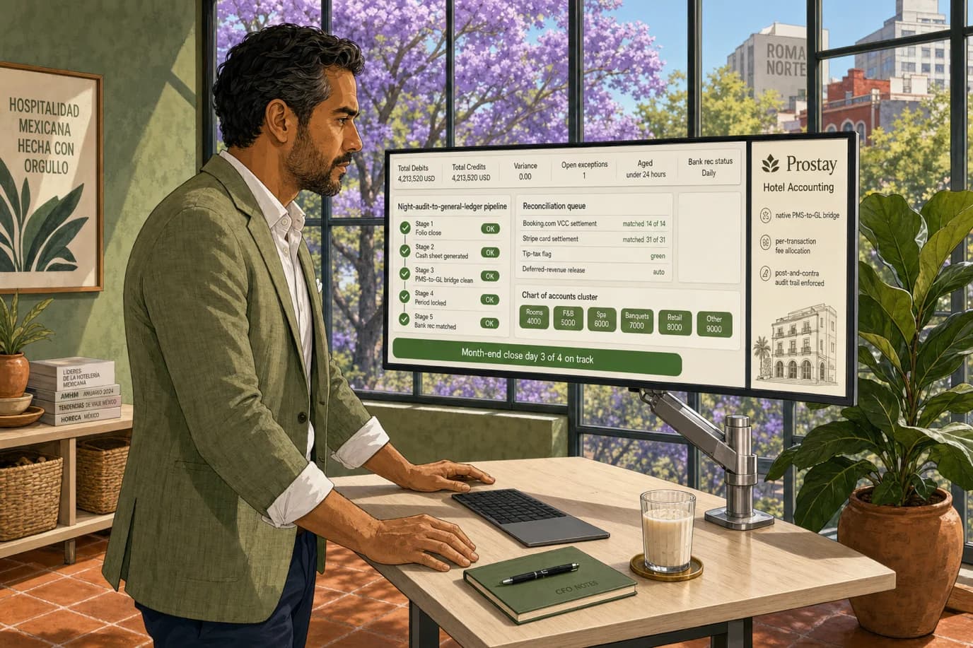 A cel-shaded editorial illustration of a focused Mexican male CFO in his early forties wearing a light olive linen blazer over a crisp white button-down shirt, standing at a pale ash-wood standing desk in a sunlit Mexico City Roma Norte office reviewing a polished hotel accounting command center on a wide ultrawide monitor. The screen shows a six-row trial-balance summary reading Total Debits 4,213,520 USD Total Credits 4,213,520 USD Variance 0.00 Open exceptions 1 Aged under 24 hours Bank rec status Daily, a left panel titled Night-audit-to-general-ledger pipeline with five green status pills Stage 1 Folio close OK Stage 2 Cash sheet generated Stage 3 PMS-to-GL bridge clean Stage 4 Period locked Stage 5 Bank rec matched, a right panel titled Reconciliation queue showing rows for Booking.com VCC settlement matched 14 of 14 Stripe card settlement matched 31 of 31 Tip-tax flag green Deferred-revenue release auto, a small chart-of-accounts cluster panel showing Rooms 4000 F&B 5000 Spa 6000 Banquets 7000 Retail 8000 Other 9000, and a green pill reading Month-end close day 3 of 4 on track. Behind him, floor-to-ceiling industrial steel-frame windows show jacaranda treetops in full lavender bloom, sage-green plastered walls, terracotta floor tiles, a tall fiddle-leaf fig in a hand-thrown clay pot beside the desk, a low cream credenza with woven natural-fiber baskets and a small stack of Mexican hospitality industry journals, and a glass of horchata on a brass coaster on the desk. A bottom-right brand callout reads Prostay Hotel Accounting native PMS-to-GL bridge per-transaction fee allocation post-and-contra audit trail enforced.