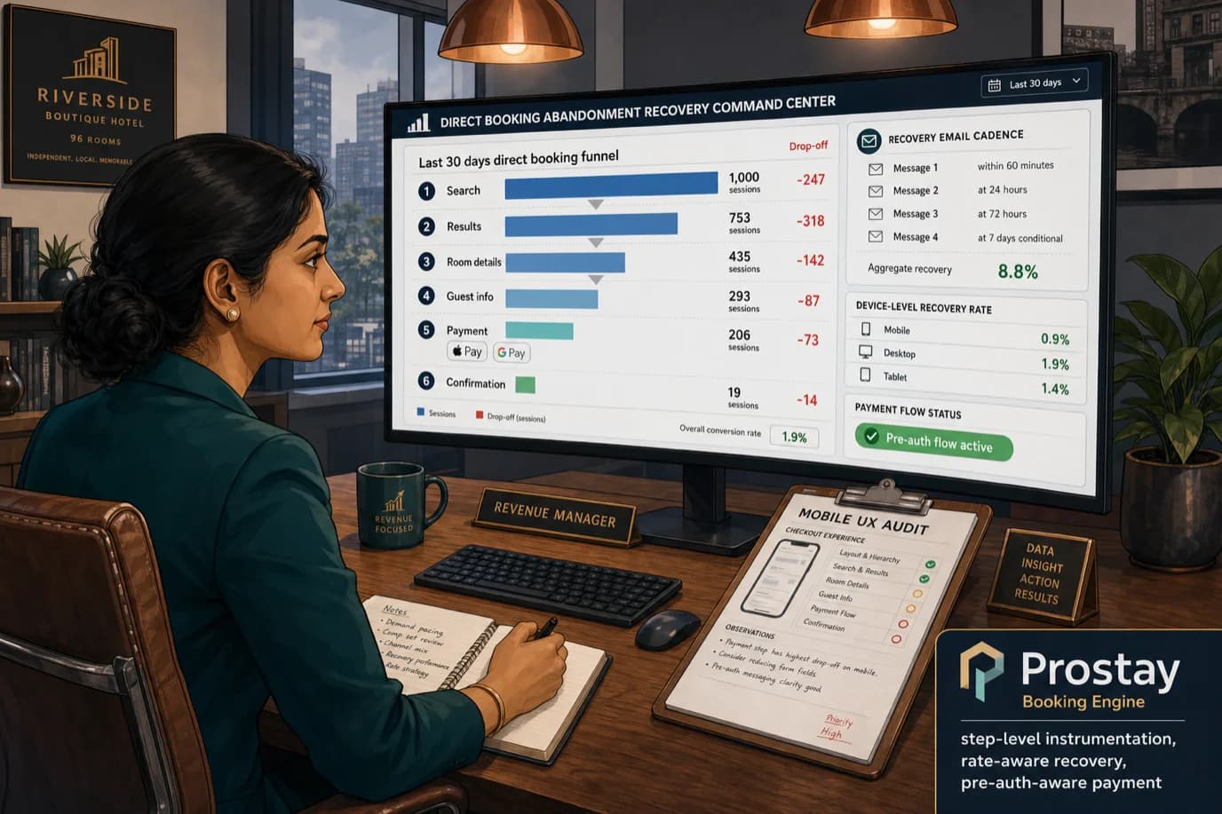 A cel-shaded editorial illustration of a calm Indian female revenue manager at a 96-room independent urban hotel sitting at a warm oak desk reviewing a wide curved monitor that displays a polished direct booking abandonment recovery command center with a six-step funnel chart titled Last 30 days direct booking funnel showing Search 1000 Results 753 Room details 435 Guest info 293 Payment 206 Confirmation 19 with red drop-off pills reading -247 -318 -142 -87 -73 -14 next to each step, a side panel reading Recovery email cadence Message 1 within 60 minutes Message 2 at 24 hours Message 3 at 72 hours Message 4 at 7 days conditional with aggregate recovery 8.8 percent, a small device split table reading Mobile 0.9 percent Desktop 1.9 percent Tablet 1.4 percent, a green status pill reading Pre-auth flow active no manual reconciliation, a small Apple Pay and Google Pay logo strip in the payment row, with a printed mobile UX audit clipboard next to her, copper pendant lights overhead, and a bottom-right brand callout for Prostay Booking Engine step-level instrumentation rate-aware recovery sequence pre-auth-aware payment flow, illustrating the operational difference between reporting blended conversion and recovering 30 percent more direct bookings by fixing the seven exact drop-off points the funnel actually leaks at.
