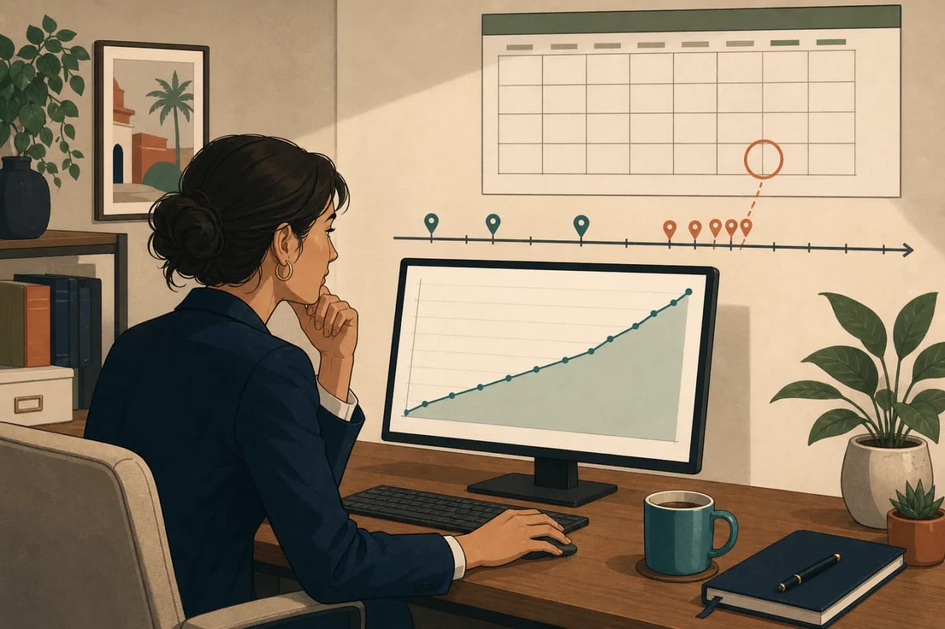 A cel-shaded editorial illustration in a warm palette of cream, taupe, sage, terracotta and deep navy with a teal accent: a revenue manager at a desk studying a rising booking-pace curve on a monitor, with a wall calendar behind showing one arrival date circled and small booking markers arriving along a timeline toward it, some far out and a cluster close to the date, conveying how reservations fill in over the booking window.