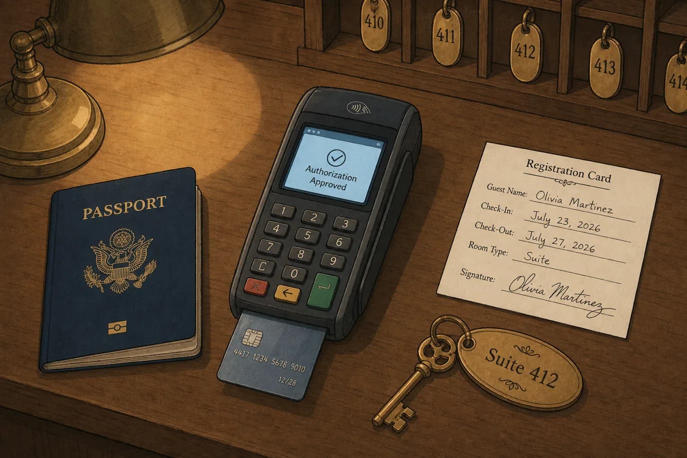 A still life of a hotel reception counter showing a handheld card reader mid-authorization with the screen reading authorization approved, alongside a passport, a chip credit card, a signed registration card, and a brass-tagged room key, illustrating the everyday moment at the front desk where the chargeback risk for an independent hotel begins.