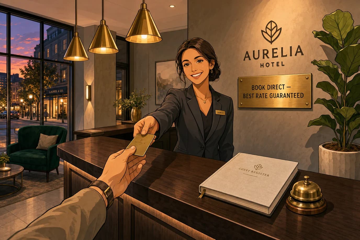 A cel-shaded editorial illustration of a modern boutique hotel reception lobby at warm golden evening hour, with a smiling hotel receptionist in a charcoal blazer standing behind a clean dark-walnut front desk and warmly handing a thin brass key card across the counter to an arriving guest in the foreground, a brushed-brass Book Direct Best Rate Guaranteed plaque mounted on the wall behind her beside the discrete Aurelia Hotel logo, three warm brass pendant lights hanging in a line above the desk, a fresh linen-bound guest register and a small brass call bell on the desk surface, a tall potted fiddle-leaf fig in a ceramic planter to the right, a velvet emerald-green lounge chair in the soft-focus background, and large floor-to-ceiling windows revealing a warmly lit street at dusk, illustrating the moment of guest arrival at a hotel after a successful direct booking.