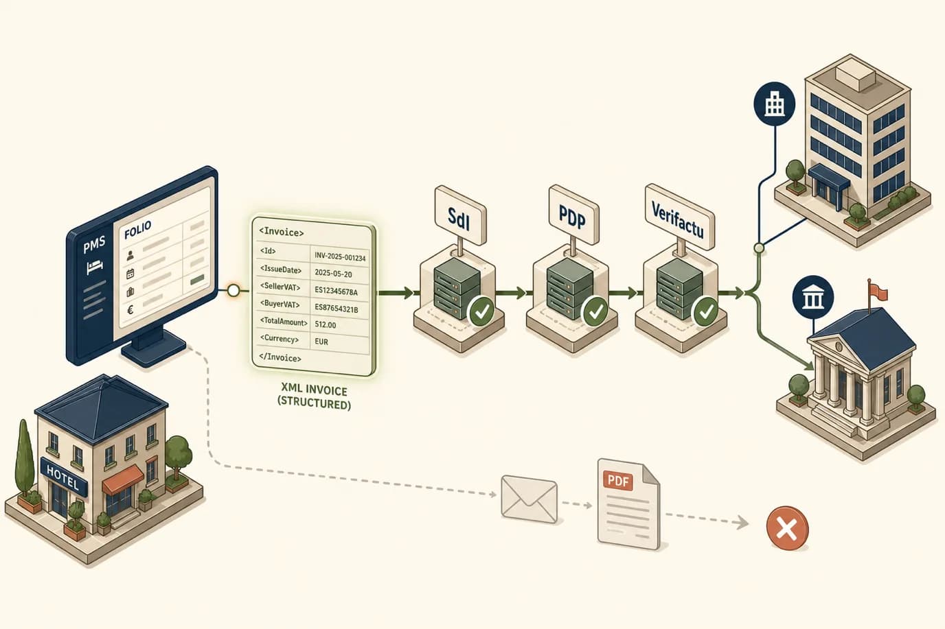 A cel-shaded isometric editorial illustration showing a hotel invoice as a structured data flow: a hotel building and a PMS folio screen emit a glowing XML invoice block that travels through national clearance platforms labelled SdI, PDP and Verifactu, each stamping a green validated tick, before reaching a corporate client and a tax-authority building, with a faded paper PDF marked with a red cross set aside to show the old email-attachment route is closed.