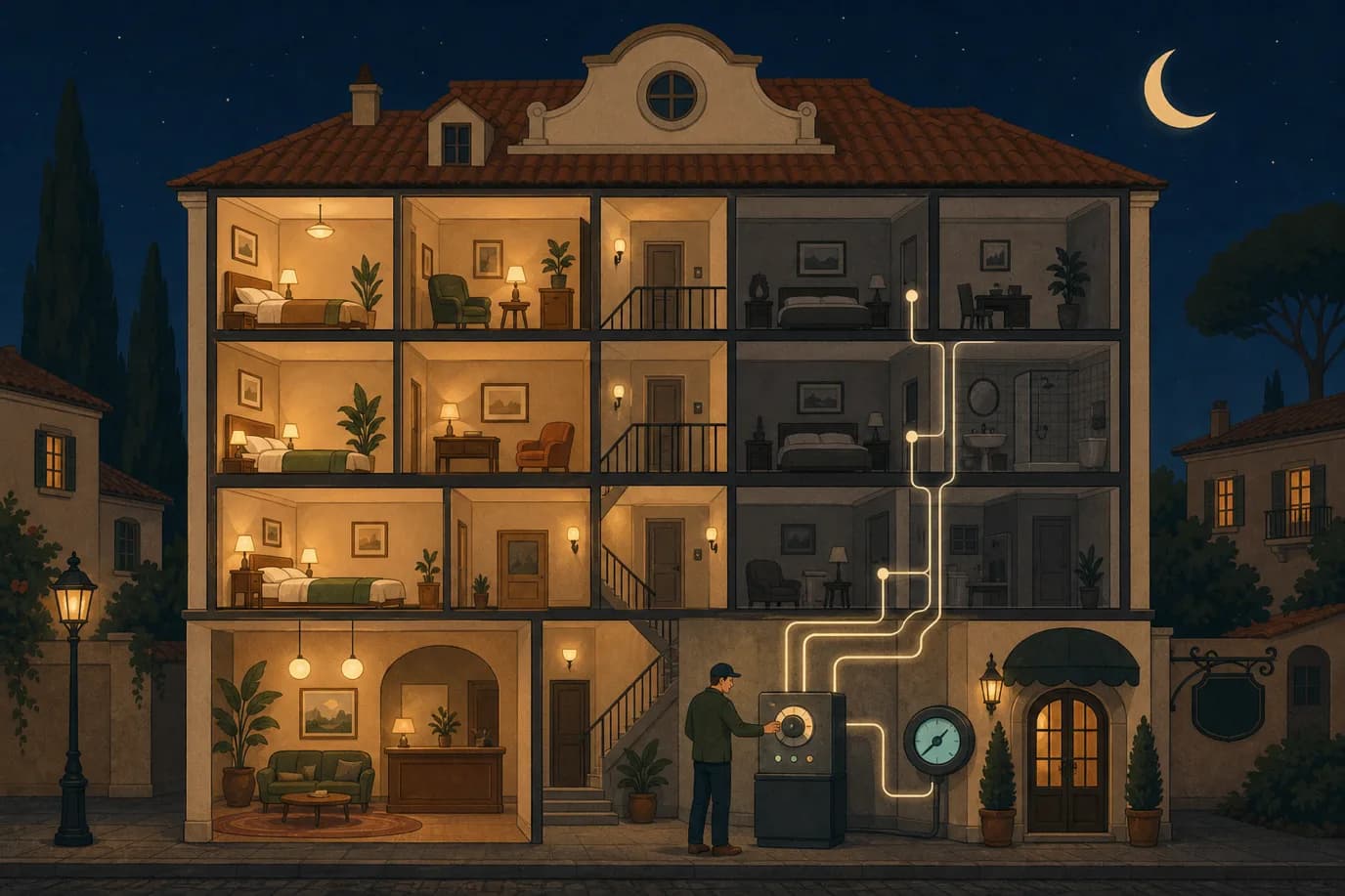 A cel-shaded editorial illustration in a warm palette of cream, taupe, sage, terracotta and deep navy with a teal accent: a cutaway view of a small hotel at night where occupied rooms glow warm amber and empty rooms sit dim, a manager at a panel adjusts a dial connected by soft lines to the dark rooms, with a small meter beside the entrance and a crescent moon above, conveying a building run in step with its occupancy.