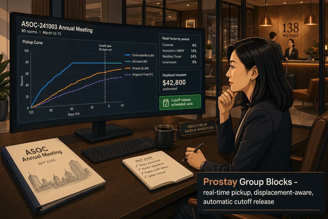 A cel-shaded editorial illustration of a calm Asian female Director of Sales and Marketing at a 138-room independent urban hotel sitting at a dark walnut sales-office desk reviewing a wide curved monitor that displays a polished group block command center for ASOC-241003 Annual Meeting 80 rooms March 12-15 with a horizontal pickup-curve chart showing four data lines Contracted Block 80 Allocated 80 Picked-Up 64 climbing toward cutoff and Projected Final 51 with a vertical Cutoff date 30 days out marker, a small wash-factor-by-source data table with Corporate 8 percent Association SMERF 14 percent Wedding social 24 percent Government 9 percent, a side panel reading Displaced transient $42,800 estimated, and a green status pill reading Cutoff release scheduled auto, with a printed RFP folder labeled ASOC Annual Meeting RFP 2026 next to her, copper pendant lights overhead, and a bottom-right brand callout for Prostay Group Blocks real-time pickup displacement-aware automatic cutoff release, illustrating the operational difference between recording what a group did and evaluating what a group actually contributed against the alternative use of the same inventory.