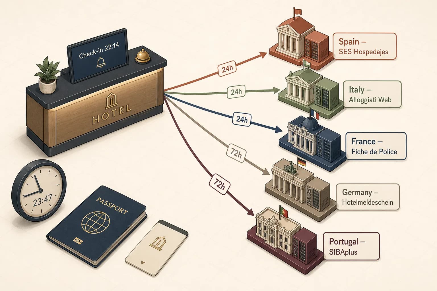 A cel-shaded editorial illustration in an isometric 3/4-angle composition showing a stylised hotel reception desk node with a glowing screen reading Check-in 22:14 in the foreground, fanning five colour-coded data-flow arrows out to five labelled government building icons arranged in a soft arc: Spain SES Hospedajes, Italy Alloggiati Web, France Fiche de Police, Germany Hotelmeldeschein, and Portugal SIBAplus, with each arrow tagged with a 24h or 72h time-label sticker, alongside a small wall clock showing 23:47, a single passport, and a key card on a soft cream background, illustrating the country-by-country guest registration compliance stack that an independent EU hotel must transmit to police and interior ministries within hours of every check-in.