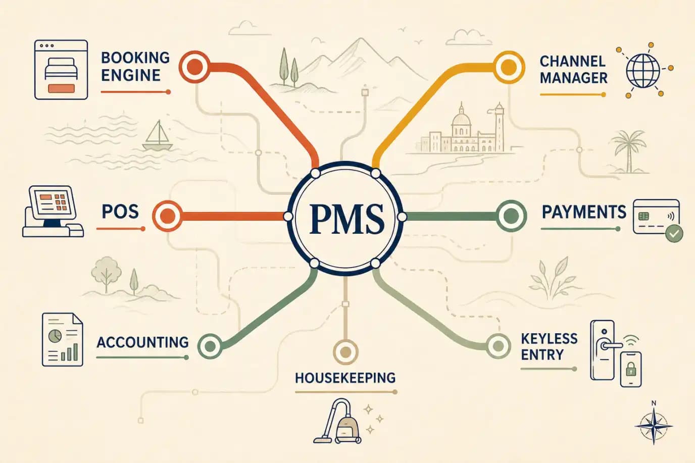 A cel-shaded editorial illustration styled like a clean transit map, in a warm palette of cream, terracotta, mustard, sage and navy linework: a central station labelled PMS sits in the middle, with coloured lines radiating out to clearly labelled stations reading Booking Engine, Channel Manager, POS, Payments, Accounting, Housekeeping, and Keyless Entry, illustrating a hotel's connected technology stack as a network of well-linked systems rather than scattered tools.