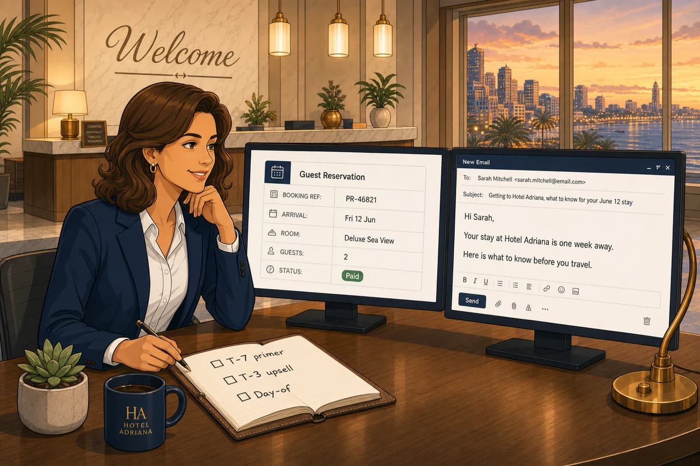 A hotelier at a front-desk computer composing a pre-arrival email, with the guest's reservation details on one side of the screen and the draft message preview on the other, illustrating the practical craft of pre-arrival communication.