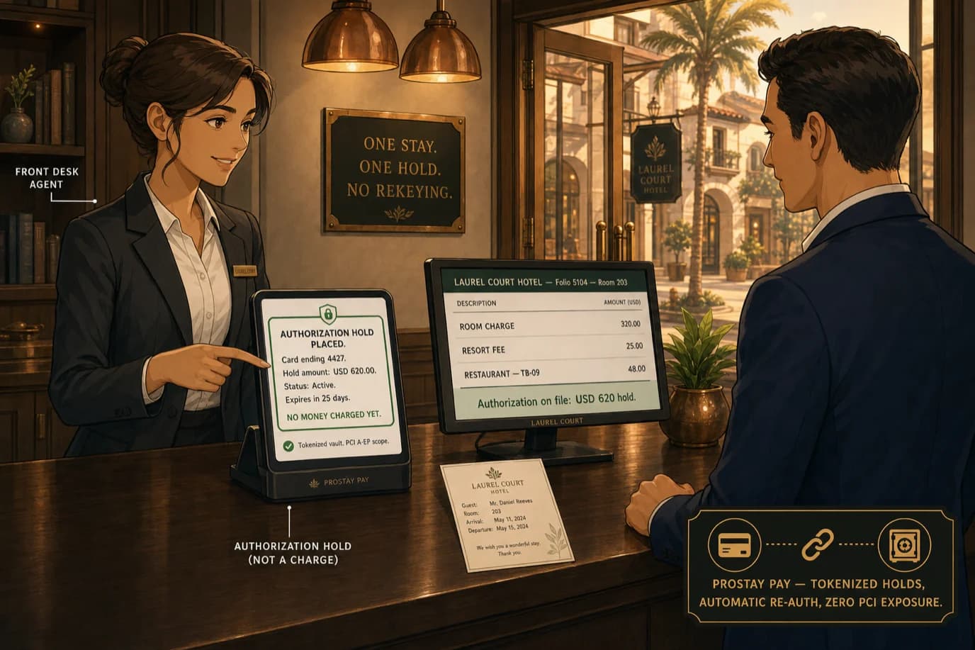 A cel-shaded editorial illustration of a kind female hotel front-desk agent in a charcoal blazer at a dark walnut reception counter showing a polite male business guest a payment terminal that displays a clear authorization-hold card reading Authorization hold placed, card ending 4427, hold amount USD 620, status active, expires in 25 days, no money charged yet, with a small green tokenized-vault PCI A-EP scope badge below it and an adjacent monitor showing the room folio for Room 203 with a footer reading Authorization on file USD 620 hold, copper pendant lights overhead, a brass plaque on the back wall reading One stay one hold no rekeying, and a small bottom-right brand callout for Prostay Pay tokenized holds automatic re-auth zero PCI exposure, illustrating the difference between an authorization hold and a real charge at hotel check-in.