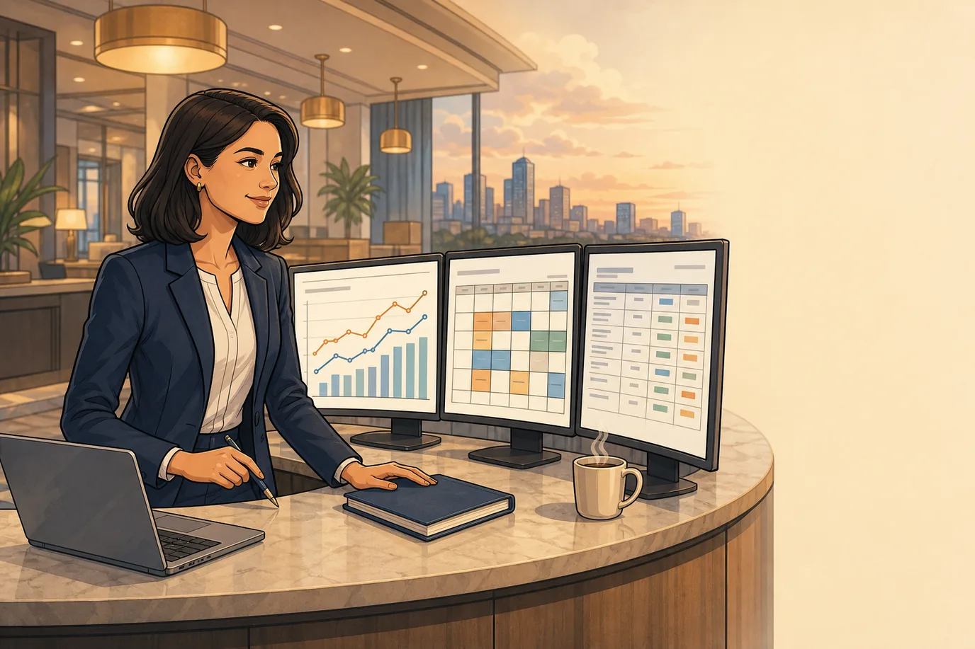 A hotel revenue manager works at a front-office desk with three monitors showing a pricing trend chart, a calendar of rate fences, and a competitor rate-shopping table.