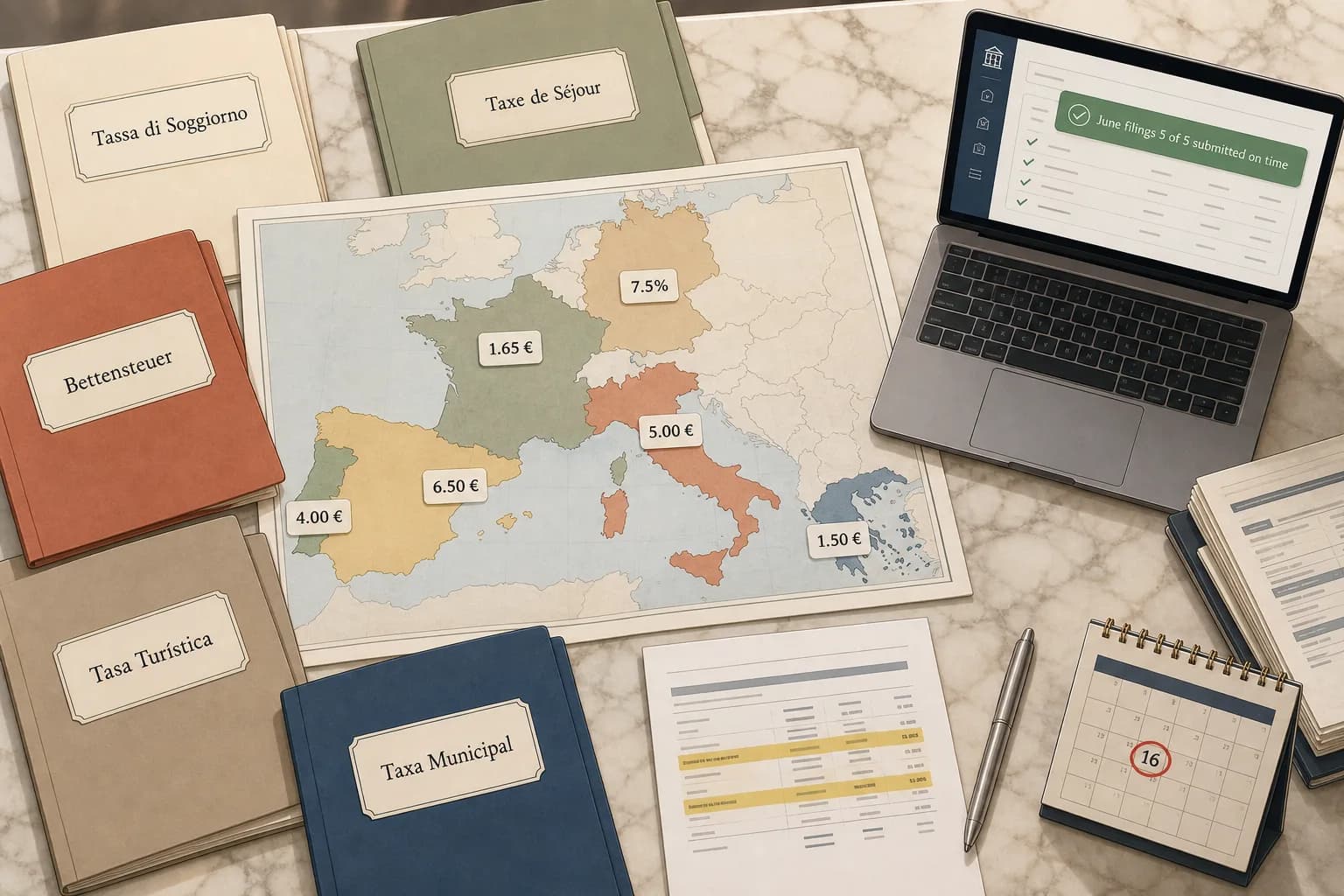 A cel-shaded editorial illustration of a top-down flat-lay scene on a marble hotel back-office desk, with a printed European tax map laid open across the centre showing colour-coded zones for Italy, France, Germany, Spain, Portugal and Greece, each marked with a sticker showing a sample nightly tax amount in euros (Italy 5.00, France 1.65, Germany 7.5 percent, Catalonia 6.50, Lisbon 4.00, Greece 1.50), surrounded by five filing folders labelled Tassa di Soggiorno, Taxe de Sejour, Bettensteuer, Tasa Turistica, Taxa Municipal, alongside a small slim laptop displaying a hotel accounting reconciliation screen with a green status pill reading June filings 5 of 5 submitted on time, a stack of paper folio printouts, a brushed-aluminium pen, a small calendar with the 16th circled in red, and a printed reconciliation report with three highlighted variance lines, illustrating the country-by-country tourist tax compliance stack an independent EU hotel must collect at booking, post on the folio at check-in, reconcile to the bank in the night audit, and remit to each municipality on a separate monthly clock.