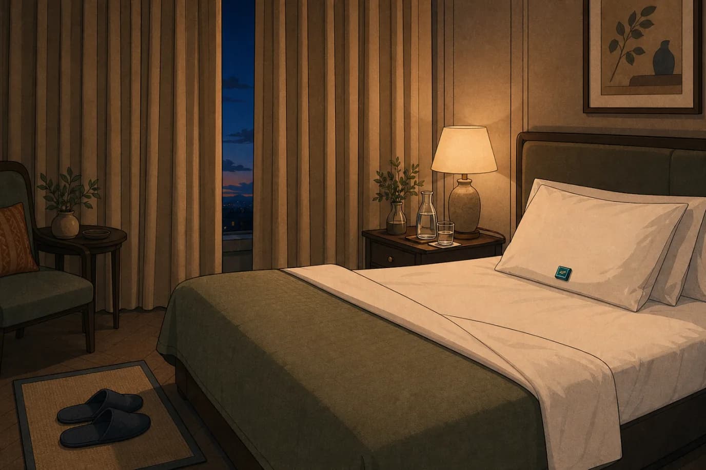 A cel-shaded editorial illustration in a warm palette of cream, taupe, sage, terracotta and deep navy with a teal accent: a hotel room at dusk prepared for the evening, duvet corner folded back in a crisp triangle, a chocolate on the pillow, bedside lamp glowing warmly, curtains drawn, slippers placed by the bed and a small water carafe on the nightstand, with the last daylight fading in the window, conveying the quiet ritual of turndown service.