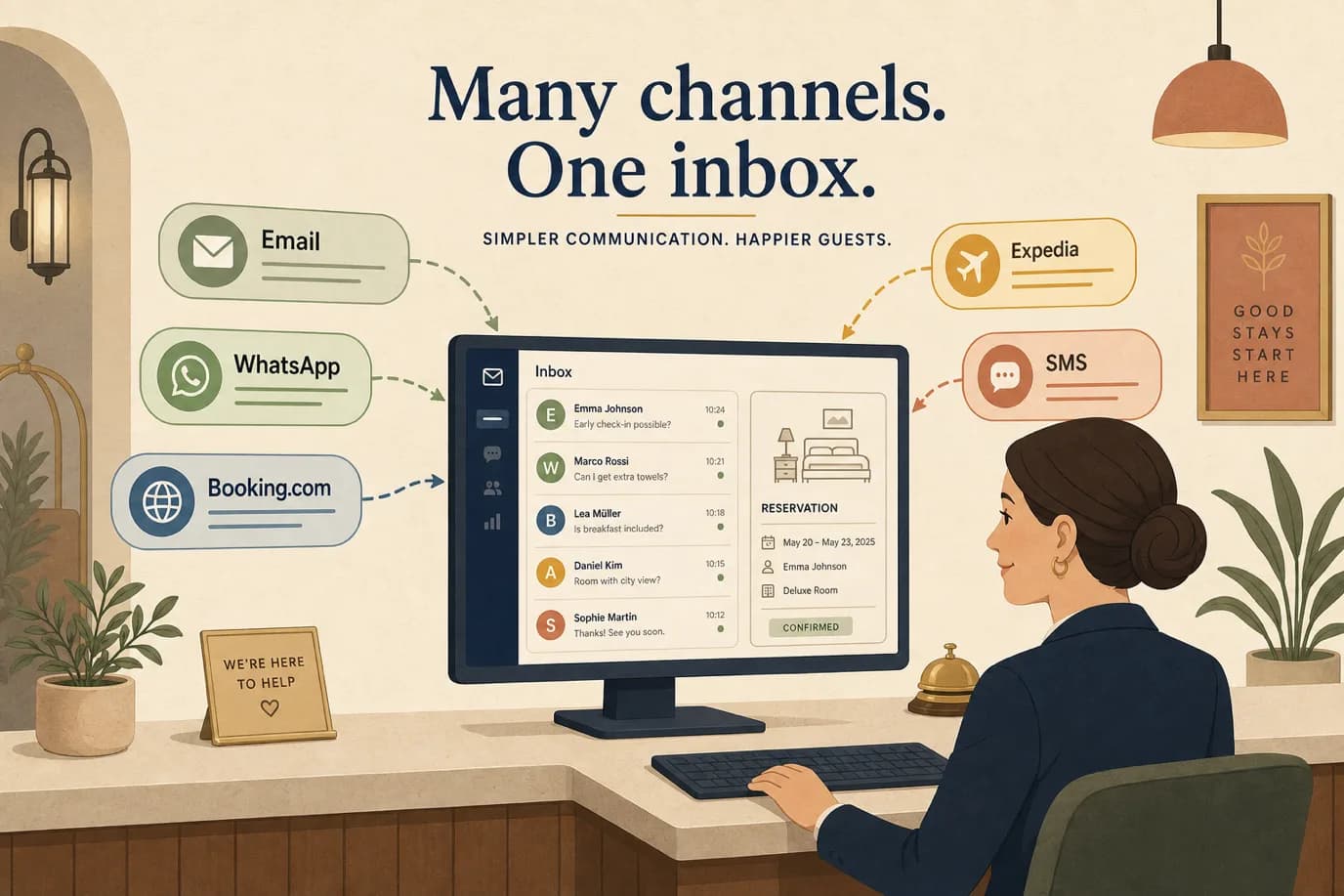 A cel-shaded editorial illustration in a warm palette of cream, terracotta, mustard, sage and deep navy: a calm hotel receptionist at a front desk looking at a single screen, while labelled message bubbles reading Email, WhatsApp, Booking.com, Expedia and SMS flow in from the sides and converge into one tidy conversation list on that screen, with a small reservation card shown beside it.