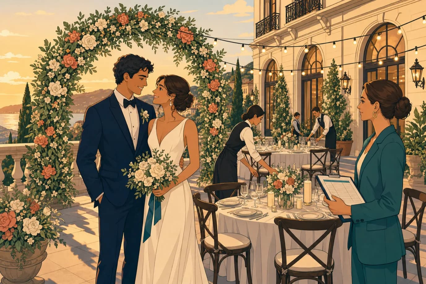 A cel-shaded editorial illustration in a warm palette of cream, taupe, sage, terracotta and deep navy with a teal accent: a newly married couple stands beneath a flower-arched terrace of an elegant hotel while staff arrange round banquet tables with candles behind them, a wedding planner holds a clipboard with a tidy run sheet, and warm string lights stretch toward the hotel facade, conveying a property that hosts weddings with calm, practised confidence.