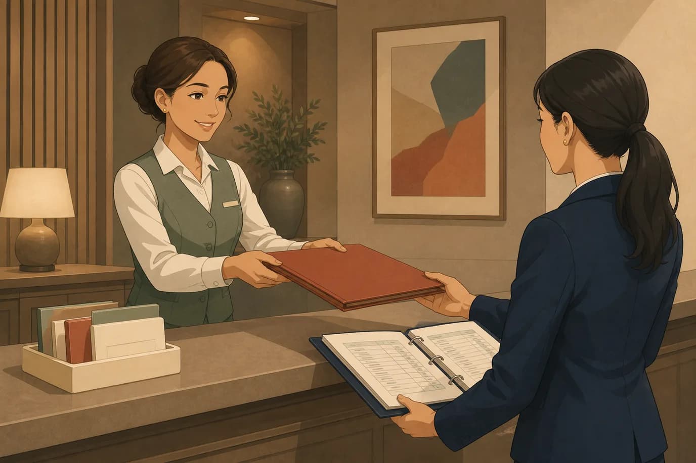 A cel-shaded editorial illustration at a warm three-quarter angle in cream, taupe, sage, terracotta and deep navy: a front office manager in a sage waistcoat passing a closed terracotta folder stamped with an invoice number across a taupe reception counter to a colleague in deep navy who is holding an open ring binder of receivables, with a small tray of still-open account cards remaining on the manager's side of the counter.