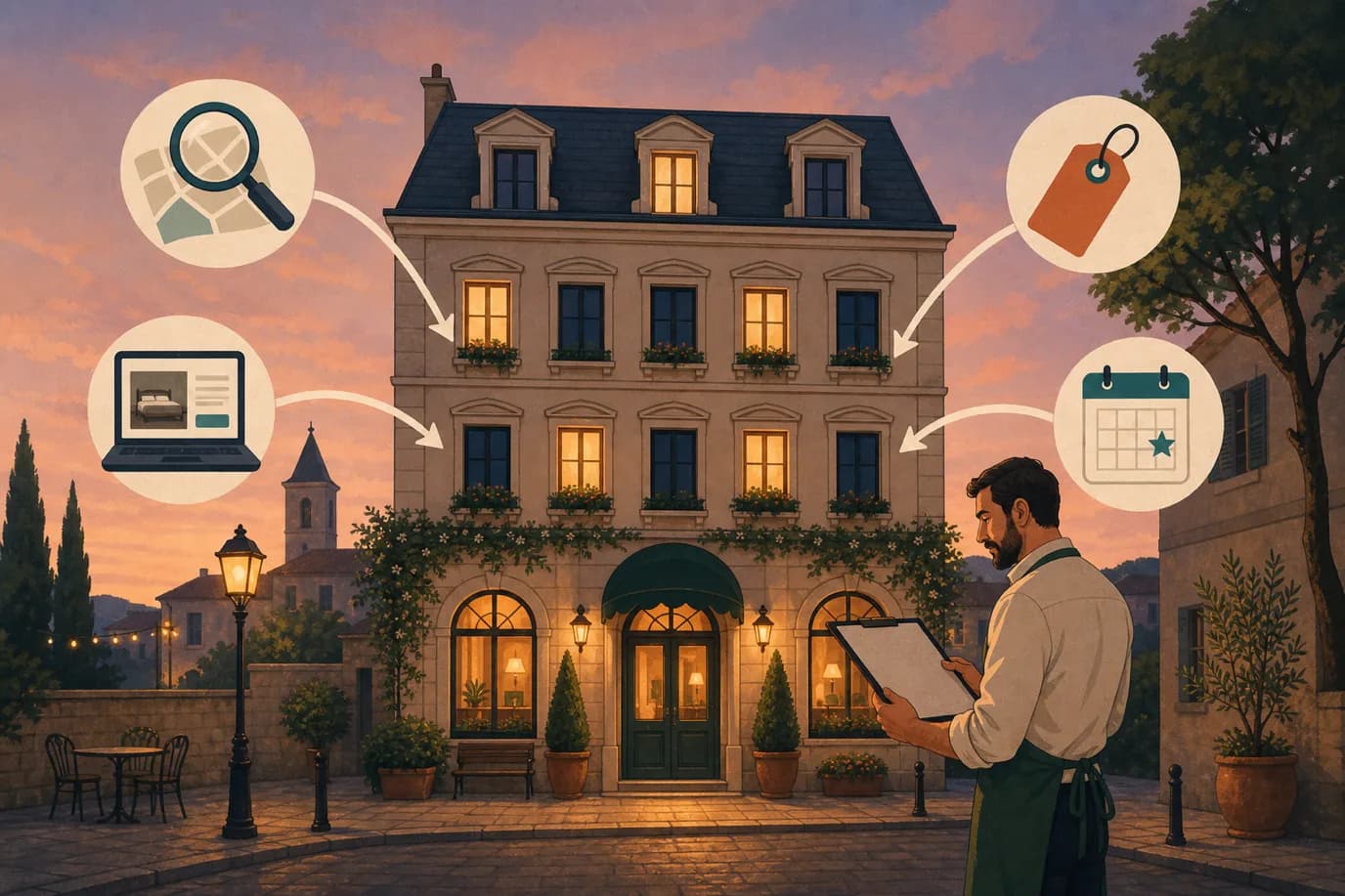 A cel-shaded editorial illustration in a warm palette of cream, taupe, sage, terracotta and deep navy with a teal accent: a charming small hotel facade at dusk where some windows glow warmly occupied and others sit dark, while a hotelier on the street studies a clipboard connecting four arrows toward the building, one from a search magnifier, one from a laptop booking screen, one from a price tag and one from a calendar of local events, conveying the different routes through which rooms get filled.