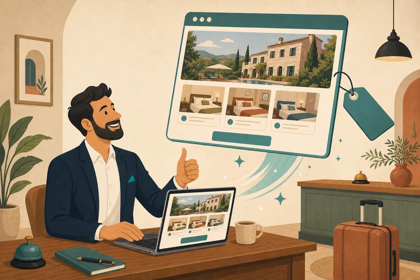 A cel-shaded editorial illustration in a warm palette of cream, taupe, sage, terracotta and deep navy with a teal accent: a hotelier at a desk publishes a hotel website from a laptop, the screen showing a small site preview with a photo, room cards and a booking button, while a friendly stylised browser window rises above the desk like a freshly raised sign, with a small rocket trail and a domain name tag attached, conveying a hotel website going live in an afternoon.