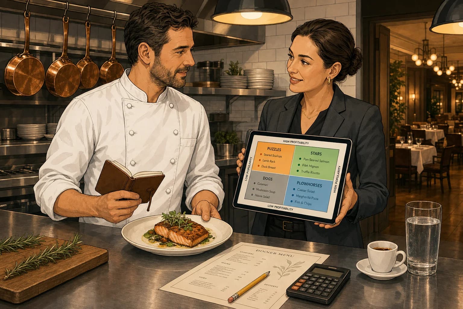 A cel-shaded editorial illustration of a modern hotel restaurant chef and food and beverage manager standing together at a clean stainless-steel kitchen pass during the calm mid-afternoon between services, the chef in a crisp white double-breasted jacket with rolled sleeves holding a small notebook and a single plated dish in the foreground, the food and beverage manager in a charcoal blazer holding an open tablet showing a four-quadrant menu engineering matrix with green Stars, blue Plowhorses, orange Puzzles, and grey Dogs zones and small dish names plotted as dots in each zone, a printed menu lying flat on the pass between them with a pencil and a small calculator, warm pendant lighting, a row of copper saucepans hanging in the soft-focus background, an espresso cup and a glass of water at the side of the pass, and through the back-of-house door the warm light of the dining room visible in the distance, illustrating the disciplined data-driven menu engineering review that adds margin without raising prices.