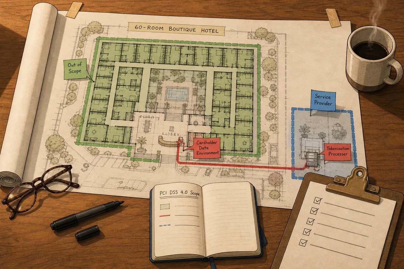 A cel-shaded editorial illustration of a top-down flat-lay scene on a wooden conference table inside a hotel back office, with an unrolled architectural site plan of a 60-room boutique hotel marked up with colored tape and paper flags showing a green Out of Scope zone over the guest rooms, a red Cardholder Data Environment zone tracing the path from the reception desk to a small Tokenization Processor icon at the edge, and a blue Service Provider zone outside the building, alongside reading glasses, a felt-tip marker, a notebook open to a page titled PCI DSS 4.0 Scope, and a clipboard checklist, illustrating the scope-confirmation exercise that defines whether an independent hotel can file SAQ A or must default to SAQ D.
