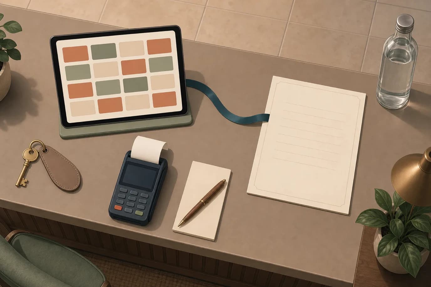 A soft cel-shaded editorial illustration in cream, warm taupe, sage, terracotta and deep navy, seen from directly above a hotel reception counter: a tablet propped on a low stand showing a plain grid of blank coloured tiles, a printed folio sheet with ruled blank lines beside it, a curling receipt slip from a small card machine, a brass room key on a taupe fob, a pen resting across a notepad, and a bottle of water standing at the edge of the counter, with a thin petrol teal ribbon running from the tablet across to the folio sheet.