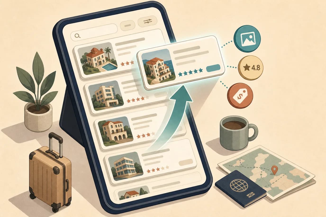A cel-shaded editorial isometric illustration in a warm palette of cream, taupe, sage, terracotta and deep navy with a teal accent: a stylised online travel search results list shown as a stack of hotel cards on a phone, with one hotel card lifting up several positions on an upward arrow toward the top of the list, small badges beside the rising card suggesting photos, a star review score and a price tag, conveying a property climbing the ranking without any real logos or readable text.