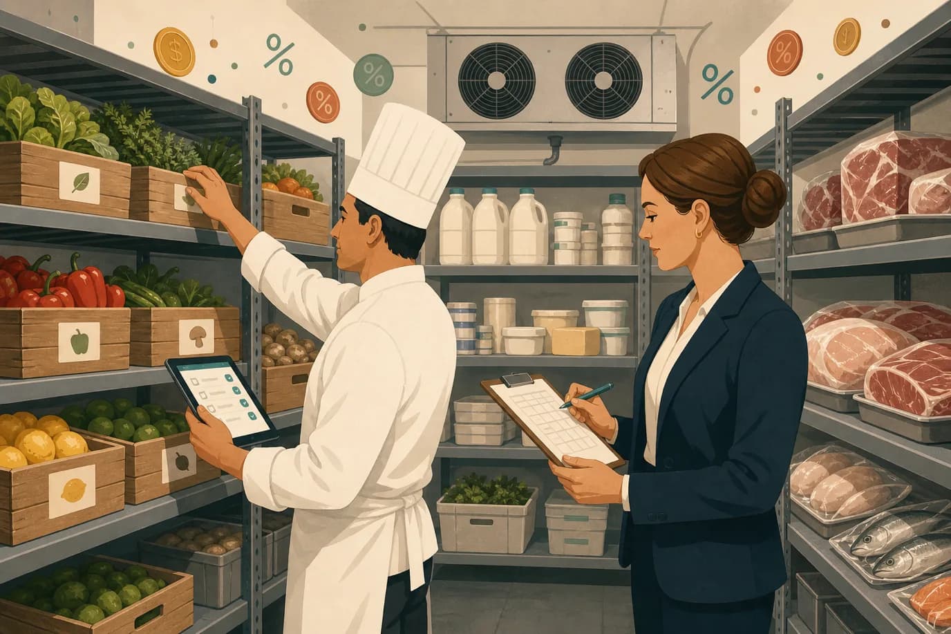 A cel-shaded editorial illustration in a warm palette of cream, taupe, sage, terracotta and deep navy with a teal accent: a chef and a restaurant manager take stock together in a walk-in cooler, one counting labelled shelves of produce and proteins with a tablet, the other checking a clipboard, with small floating percentage and currency symbols above the shelves, conveying inventory counting as the control room of restaurant profitability.