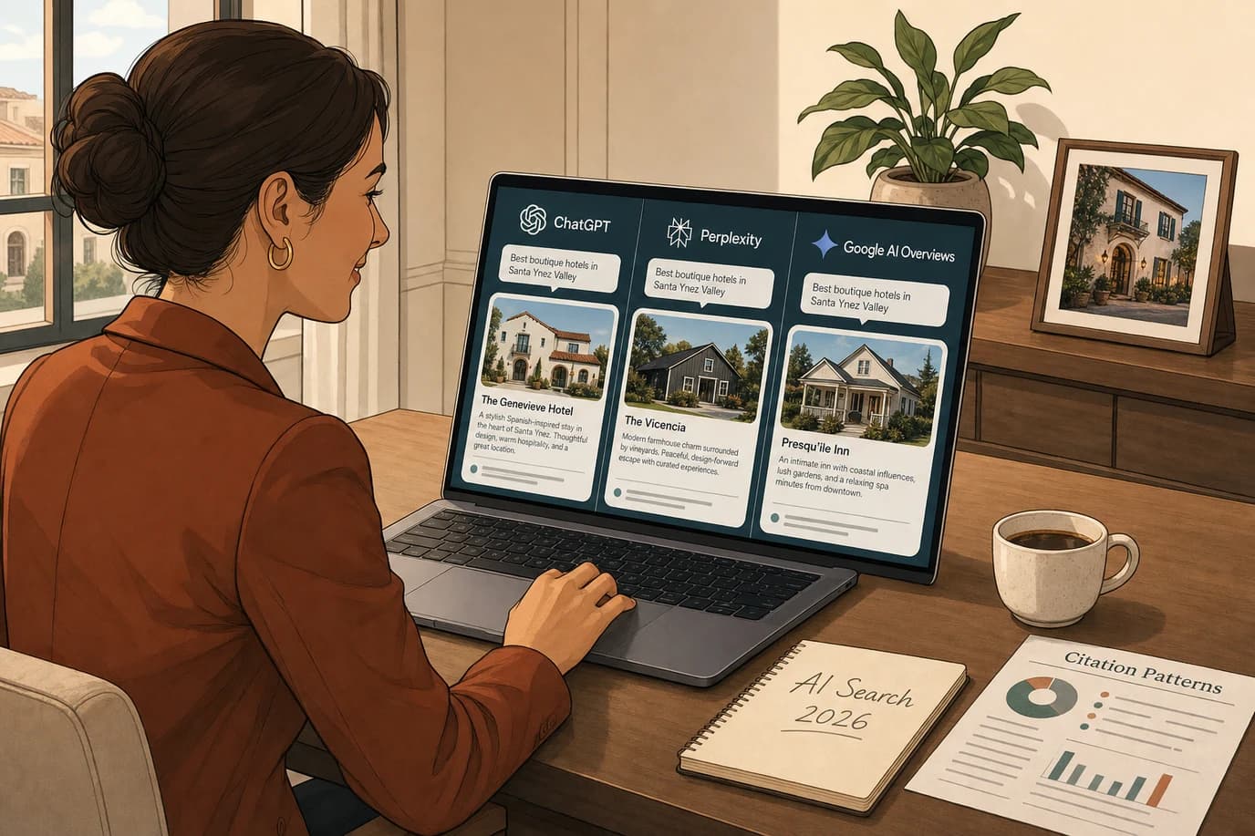 A hotelier reviewing three AI search interfaces side by side on a laptop, ChatGPT and Perplexity and Google AI Overviews, each showing a hotel recommendation card for the same query, illustrating the fragmented new search landscape that independent hotels must optimize for.