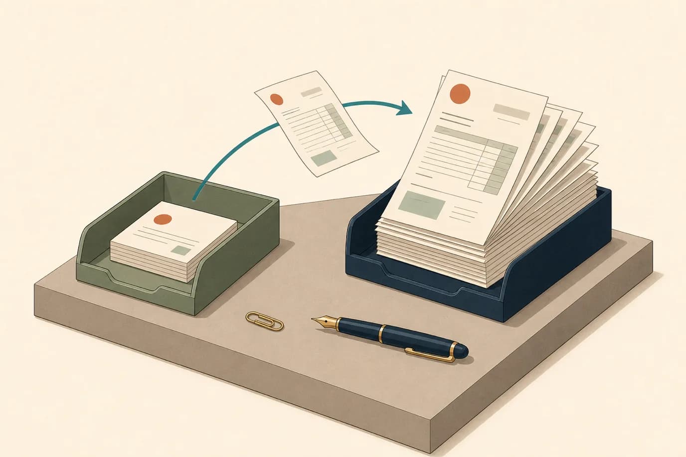A cel-shaded isometric editorial illustration in a warm palette of cream, taupe, sage, terracotta and deep navy with a teal accent: two document trays side by side on a raised taupe platform, a sage green tray on the left holding a short stack of guest folios and a deep navy tray on the right holding a much taller fanned stack of company invoices, with a single sheet travelling through the air along a curved teal arrow from the left tray to the right, and a paperclip and fountain pen resting on the platform.
