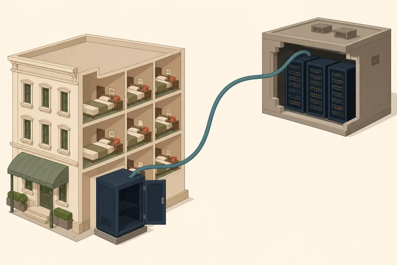 A soft cel-shaded editorial illustration in cream, warm taupe, sage, terracotta and deep navy showing an isometric scene on a cream background: on the left a cutaway three-storey hotel with a sage awning, its rooms each holding a small terracotta telephone, and at its base an open deep navy comms cabinet whose shelves are completely bare, and on the right a low windowless taupe data centre building with three deep navy server racks visible through a cutaway wall, a single broad petrol teal ribbon arcing from the empty cabinet across the open space and into the data centre.