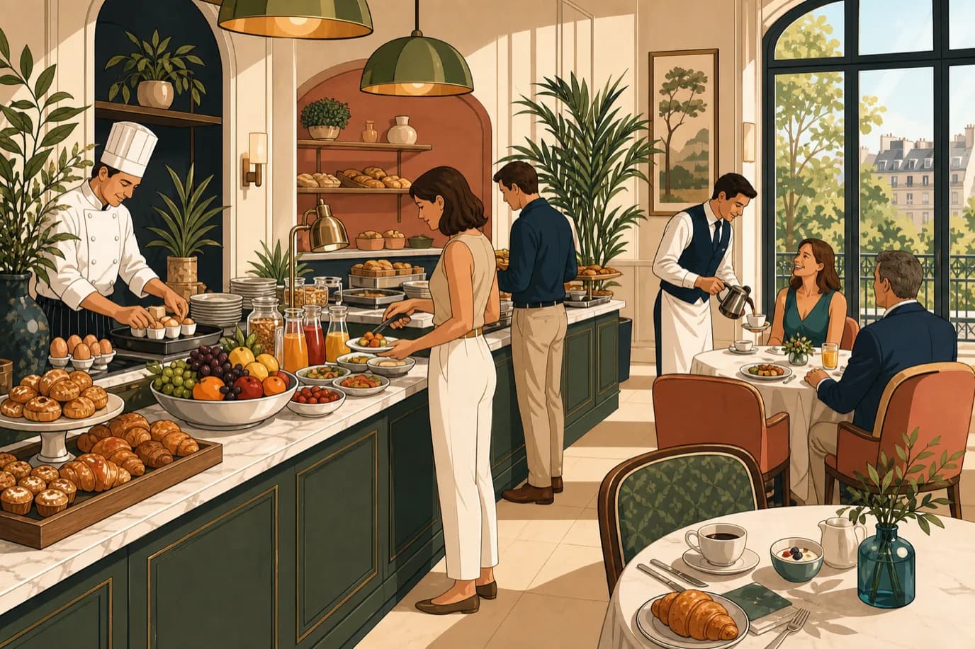 A cel-shaded editorial illustration in a warm palette of cream, taupe, sage, terracotta and deep navy with a teal accent: a bright hotel breakfast room in morning light where guests serve themselves from an elegant buffet of pastries, fruit and eggs, a waiter pours coffee at a window table, and a chef refreshes a tray behind the counter, conveying a breakfast service that is generous, calm and precisely run.