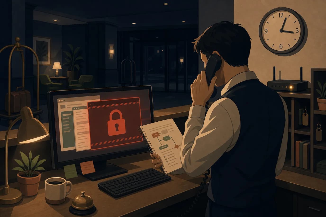 A cel-shaded editorial illustration of a night auditor standing at a dim hotel front desk during a security incident: the reception monitor shows a red padlock and a ransom-style lock screen over the property management system, the keyboard is pushed aside, the auditor holds a desk phone to one ear while reading a printed incident-response runbook held in the other hand, a router with a blinking amber light sits behind the desk, and a small wall clock reads just past 3 a.m., conveying the human reality of a hotel ransomware attack rather than abstract code, all rendered in the warm cream, taupe, sage, terracotta and deep navy palette.
