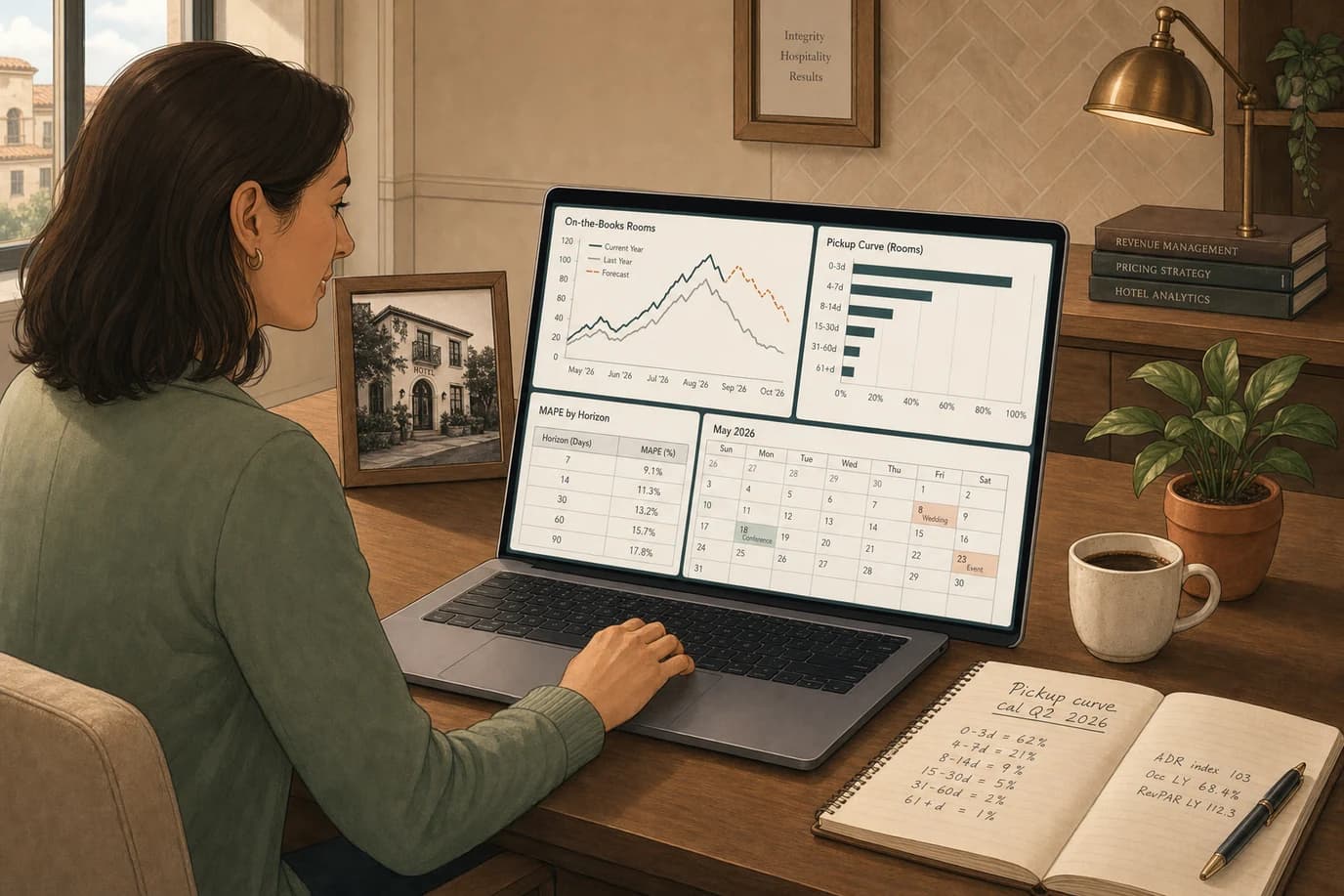 A hotel revenue manager studying a multi-panel demand forecasting dashboard with on-the-books rooms and pickup curves by lead-time bucket and a MAPE scoreboard comparing forecast versus actual across seven, fourteen, thirty, sixty, and ninety day horizons, illustrating the discipline of a measured forecasting practice for an independent hotel.