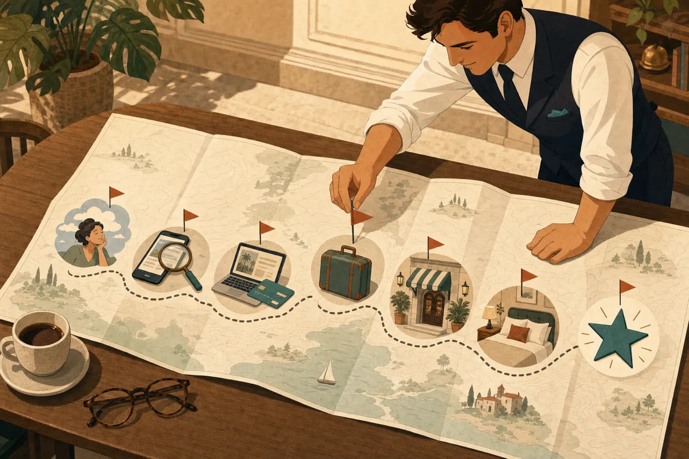 A cel-shaded editorial illustration in a warm palette of cream, taupe, sage, terracotta and deep navy with a teal accent: a winding path drawn across a large unfolded map on a table, passing small illustrated stations, a search magnifier, a booking screen, a suitcase, a hotel entrance, a bed, a departing car and a review star, while a hotelier leans over the map placing a marker on one station, conveying the guest journey seen end to end from above.