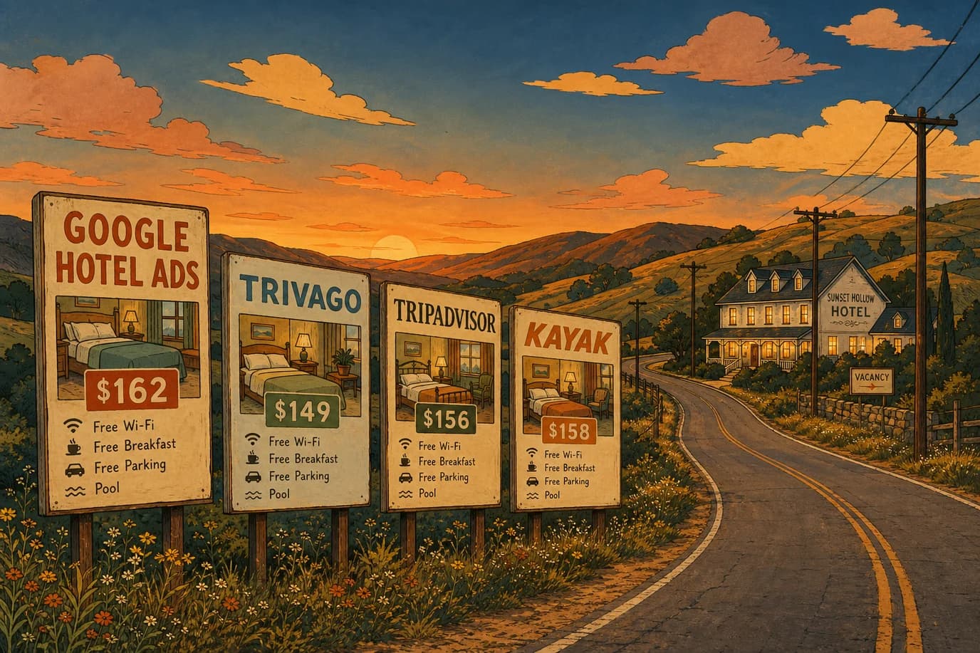 A cel-shaded editorial illustration of a roadside Americana scene at golden hour where four vintage hand-painted billboards line the shoulder of a country highway, each advertising a different hotel metasearch platform - Google Hotel Ads, Trivago, Tripadvisor, and Kayak - with their own rate, amenities, and price tag, while the curved highway leads past rolling hills toward a small boutique hotel glowing in the distance with a Vacancy sign at its driveway, illustrating the four-way metasearch competition for a single independent hotel's bookings.