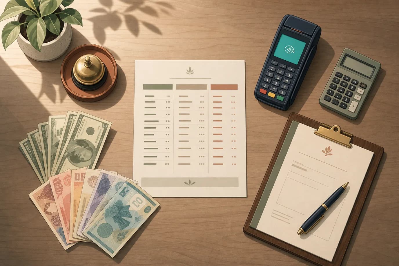 A cel-shaded top-down editorial illustration in a warm palette of cream, taupe, sage, terracotta and deep navy with a teal accent: a hotel front office desk seen from directly above, with a printed rate sheet listing the same rooms in three parallel price columns, a card payment terminal with a lit screen, a calculator, a reception call bell, two fans of banknotes from different countries, and a folio clipped to a wooden board with a pen resting on it.