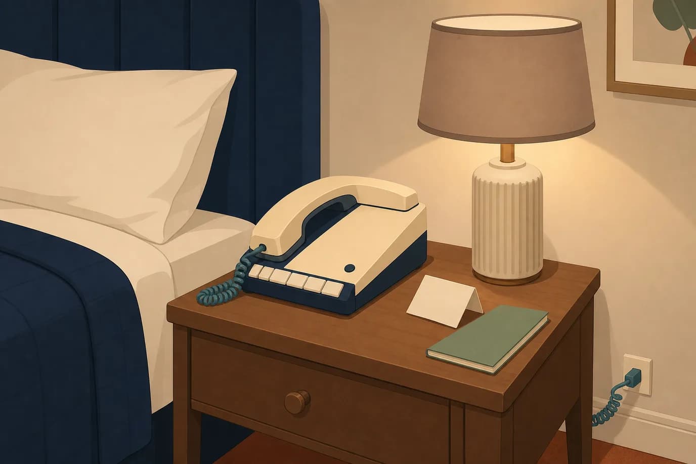 A soft cel-shaded editorial illustration in cream, warm taupe, sage, terracotta and deep navy, seen at eye level across a hotel guest room nightstand: a classic multi-line hotel telephone with a corded handset resting in its cradle, a small unlit lamp bulb on its housing and a row of blank unlabelled speed-dial buttons, a switched-on bedside lamp throwing a warm pool of light, a folded key card and a closed notepad beside it, the corner of a made bed behind, and a petrol teal telephone cord curling from the phone down to a wall socket.