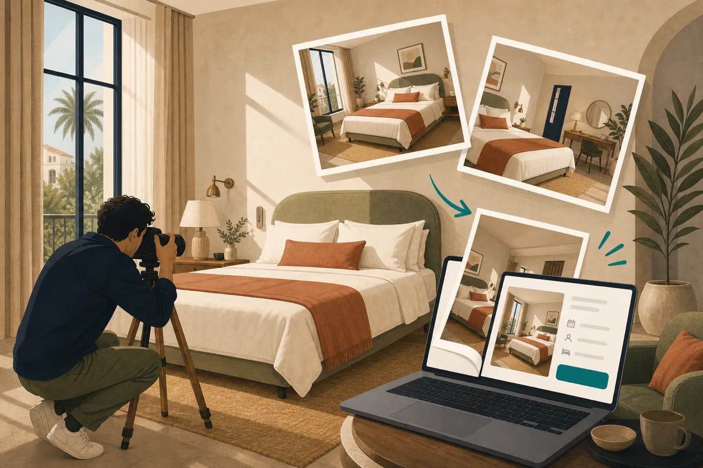 A cel-shaded editorial illustration in a warm palette of cream, taupe, sage, terracotta and deep navy with a teal accent: a photographer crouches with a camera on a tripod in a sunlit hotel room, framing a neatly styled bed, while oversized photo prints of the same room float around the scene like gallery cards, one of them turning into a booking screen on a laptop, conveying hotel photography turning into reservations.