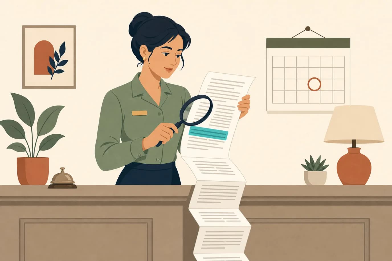 A cel-shaded editorial illustration in a warm palette of cream, taupe, sage, terracotta and deep navy with a teal accent: a hotel manager in a sage green shirt standing at a reception counter holding a long multi-page contract that unfurls downward past the counter edge, a magnifying glass in her other hand held over one highlighted teal clause, and a wall calendar behind her with a single date circled in terracotta.