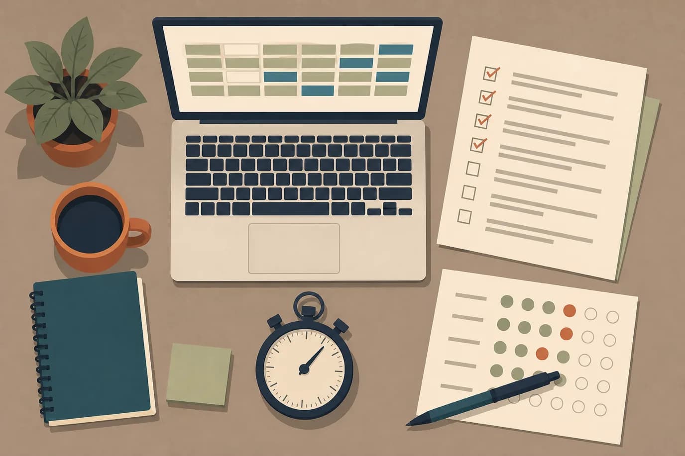 A cel-shaded editorial illustration seen from directly overhead in a warm palette of cream, taupe, sage, terracotta and deep navy with a teal accent: a flat-lay desk with an open laptop showing a simple abstract booking grid, a printed scenario script beside it with a column of hand-ticked checkboxes, a stopwatch, a scoring sheet with a row of filled circles, and a pen laid diagonally across the papers.