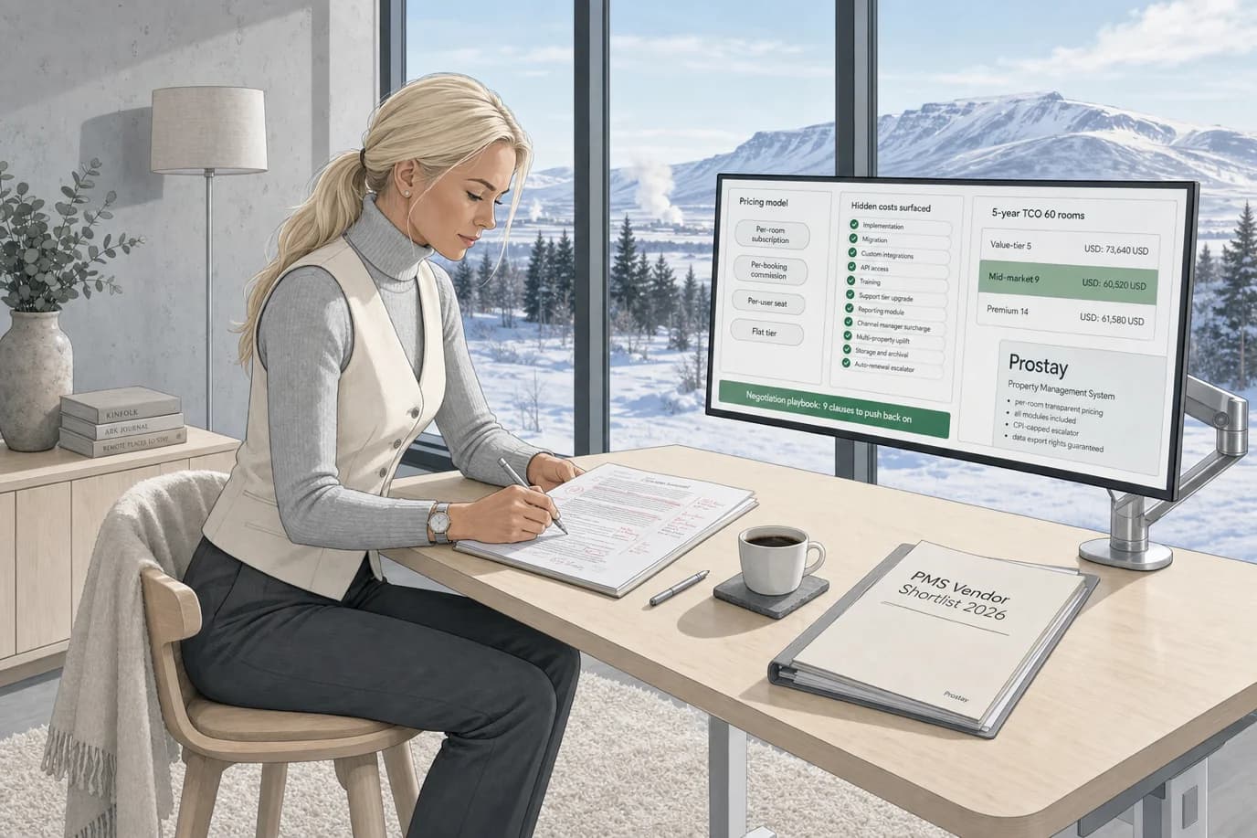 A cel-shaded editorial illustration of a focused Icelandic blonde Nordic female commercial director in her late thirties at a 60-room independent boutique hotel in central Reykjavik, with platinum-blonde hair pulled back in a low ponytail, wearing a light grey wool turtleneck under a slim cream wool waistcoat with no blazer and slim charcoal trousers. She is seated on a high pale-birch stool at a wide pale-birch standing desk reviewing a polished hotel PMS total-cost-of-ownership comparison on a thin ultrawide monitor mounted on a brushed-aluminum monitor arm. The screen shows a side-by-side comparison of three vendors at three pricing tiers, with a five-year TCO column on the right reading Value-tier 73,640 USD, Mid-market 60,520 USD, Premium 61,580 USD for a 60-room urban independent property at 72 percent occupancy and 195 USD ADR, a left panel titled Pricing model with four pills reading Per-room subscription Per-booking commission Per-user seat Flat tier, a center panel titled Hidden costs surfaced with eleven green check rows reading Implementation Migration Custom integrations API access Training Support tier upgrade Reporting module Channel manager surcharge Multi-property uplift Storage and archival Auto-renewal escalator, and a green pill at the bottom reading Negotiation playbook nine clauses to push back on. Behind her, floor-to-ceiling windows show a snowy Icelandic landscape at cool morning daylight with a dark conifer treeline against a pale blue-grey sky and a distant snow-dusted mountain ridge. The room has pale grey limewashed walls, a wide cream wool throw draped over her chair, a low pale-birch credenza behind her holding a tall handmade ceramic vase with eucalyptus stems and a stack of three pale linen-bound notebooks, a soft cream wool rug under the desk, and a single tall slim brushed-aluminum floor lamp with a linen shade. On the desk, a printed RFP folder with the cover label visible reading PMS Vendor Shortlist 2026, a slim cream notebook open to a contract redline annotated in silver pen, a small white ceramic cup of black coffee on a pale slate coaster, and a brushed-aluminum mechanical pencil. A bottom-right brand callout reads Prostay Property Management System per-room transparent pricing all modules included CPI-capped escalator data export rights guaranteed.