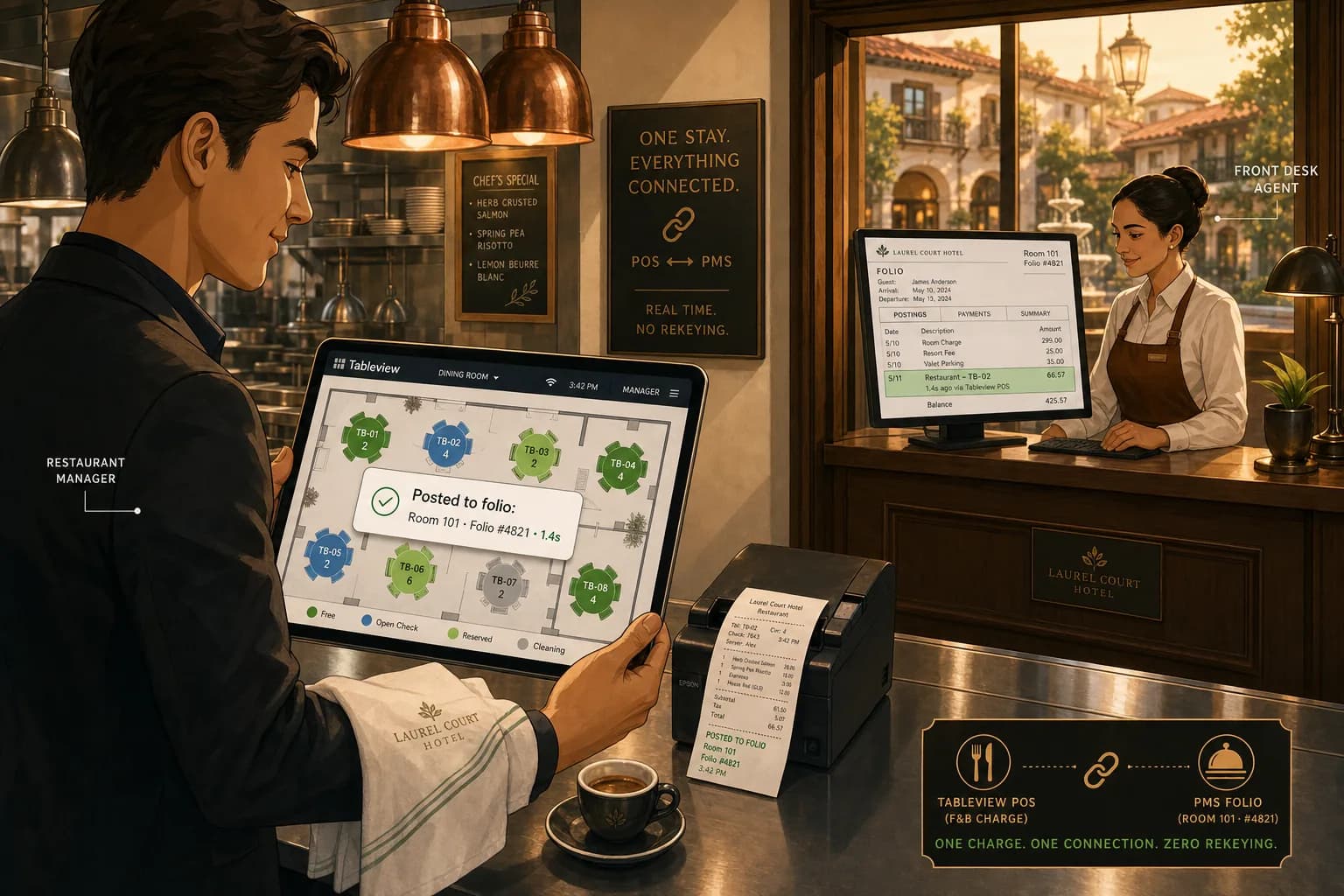A cel-shaded editorial illustration of a connected hotel restaurant and front-desk scene at warm afternoon hour, with a young hotel restaurant manager in a charcoal blazer standing at a stainless-steel kitchen pass holding a tablet showing the Tableview POS floor plan with eight numbered tables color-coded as Free, Open Check, Reserved, and Cleaning, with a green Posted to folio confirmation card reading Room 101 Folio 4821 in 1.4 seconds, while in the soft-focus background through an open door a hotel front-desk agent at a dark walnut reception desk reviews the same folio entry on a monitor, with copper pendant lights overhead, a small thermal printer and a printed receipt strip on the pass, an espresso cup beside the tablet, and a brass plaque on the back wall reading One stay, everything connected, illustrating the native real-time connection between the restaurant POS and the hotel PMS folio without manual rekeying.