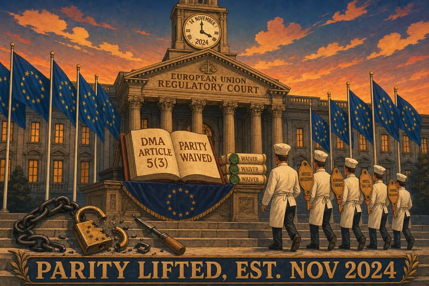 A cel-shaded editorial illustration of an EU regulatory courthouse facade at dusk with classical columns and a clock tower reading 14 November 2024, where a stone judge's bench holds an open leather ledger labelled DMA Article 5 paragraph 3 above a stack of green wax-sealed waivers and a chained brass padlock that has just been struck open with a chisel, with twelve gold-star flags arrayed along the entrance steps and a small line of European hotel keepers carrying their own room-key signs walking up the courthouse steps toward the open doors, illustrating the European Digital Markets Act lifting the rate parity lock that bound independent hotels to Booking.com pricing for a decade.