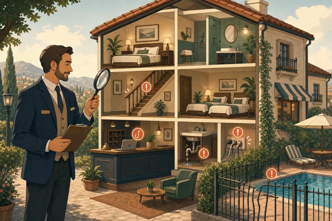 A cel-shaded editorial illustration in a warm palette of cream, taupe, sage, terracotta and deep navy with a teal accent: a hotel manager with a magnifying glass inspecting a large cutaway dollhouse-style hotel building, where small warning markers glow gently in different rooms, a loose stair rail, a dripping pipe, an overloaded socket, a laptop with a phishing hook, conveying the calm, methodical discovery of small risks before they grow.