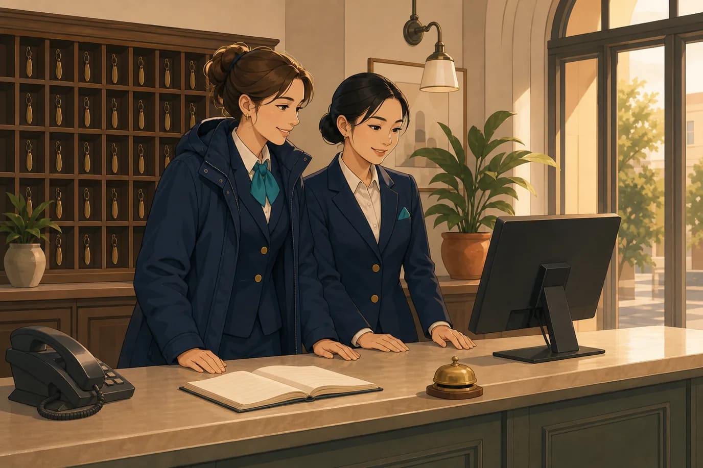 A cel-shaded editorial illustration at eye level in a warm palette of cream, taupe, sage, terracotta and deep navy with a teal accent: two hotel receptionists standing together behind a front desk at the change of shift, both looking at the same monitor, one still wearing an outdoor coat over the uniform, with a wooden pigeonhole key rack behind them, a telephone, an open logbook and a brass call bell on the counter, and the late afternoon light coming through the lobby windows.