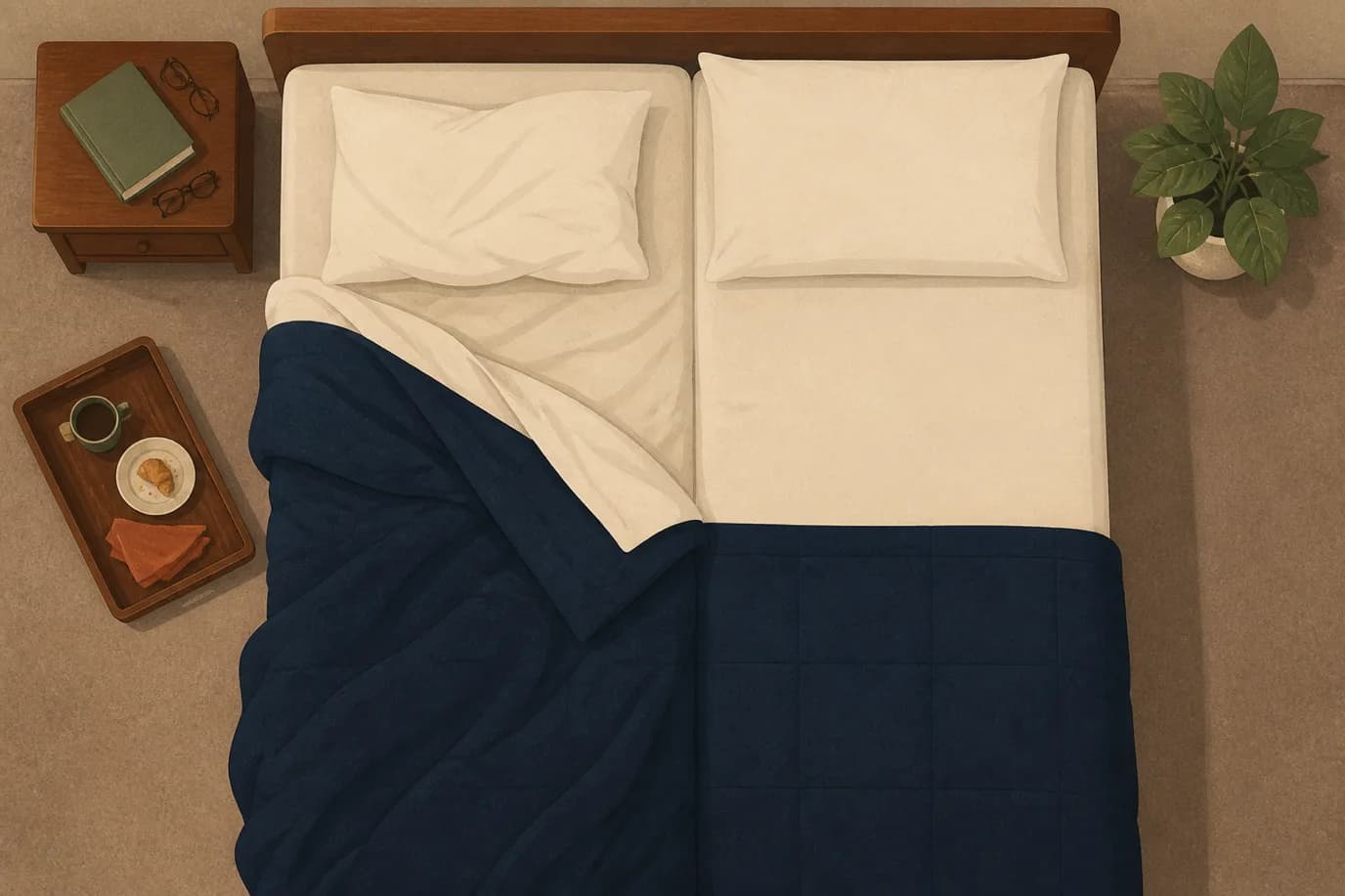 A soft flat editorial illustration in cream, warm taupe, sage, terracotta and deep navy, drawn from directly above: a wide hotel bed with two cream pillows, the left side slept in with the deep navy quilt folded back in a diagonal and the pillow creased, the right side perfectly smooth and untouched, a wooden nightstand carrying a closed book and reading glasses, a sage potted plant in the far corner, and a single wooden breakfast tray with one cup, one plate and a folded terracotta napkin resting on the taupe carpet beside the bed.