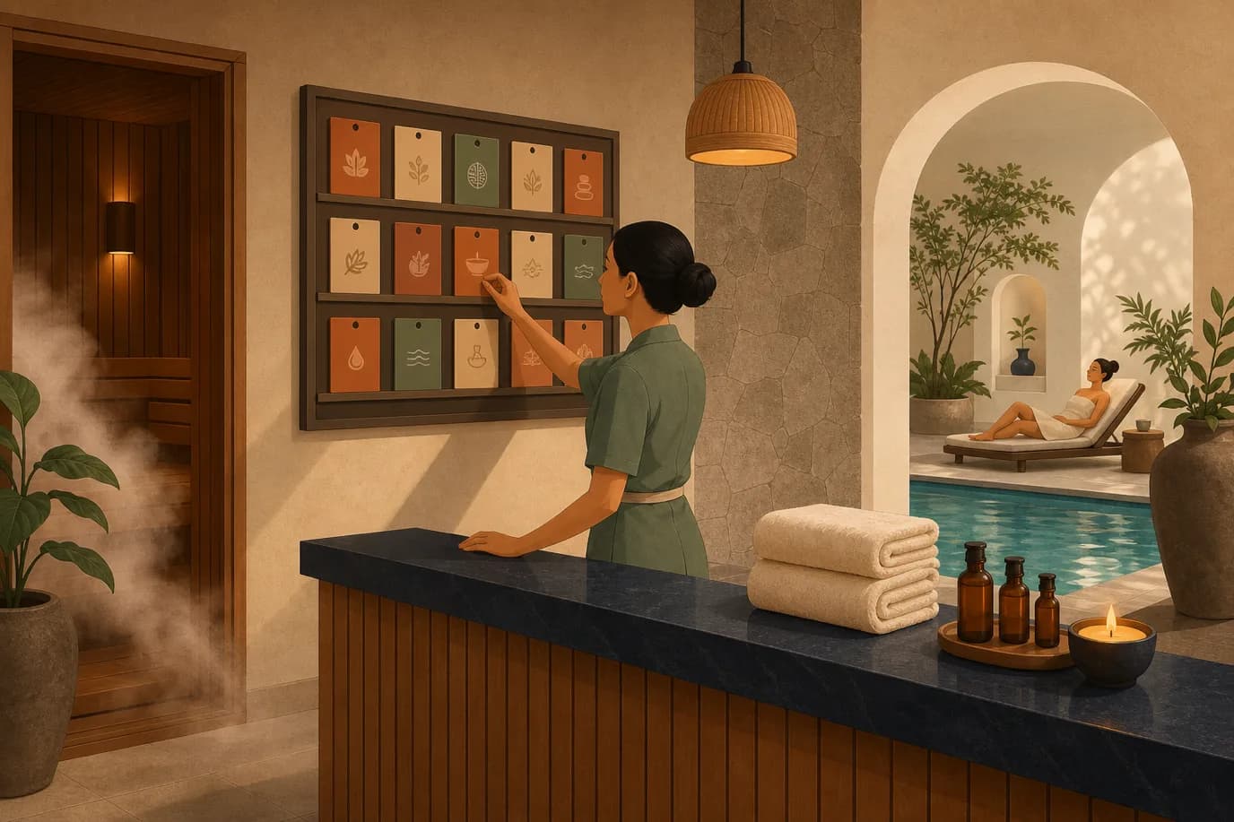 A cel-shaded editorial illustration in a warm palette of cream, taupe, sage, terracotta and deep navy with a teal accent: a serene hotel spa reception with a therapist consulting a daily schedule board of treatment slots, steam drifting from a doorway to a sauna area, folded towels and small oil bottles arranged neatly, and through an archway a guest relaxing by a quiet pool, conveying a wellness operation run with calm precision.